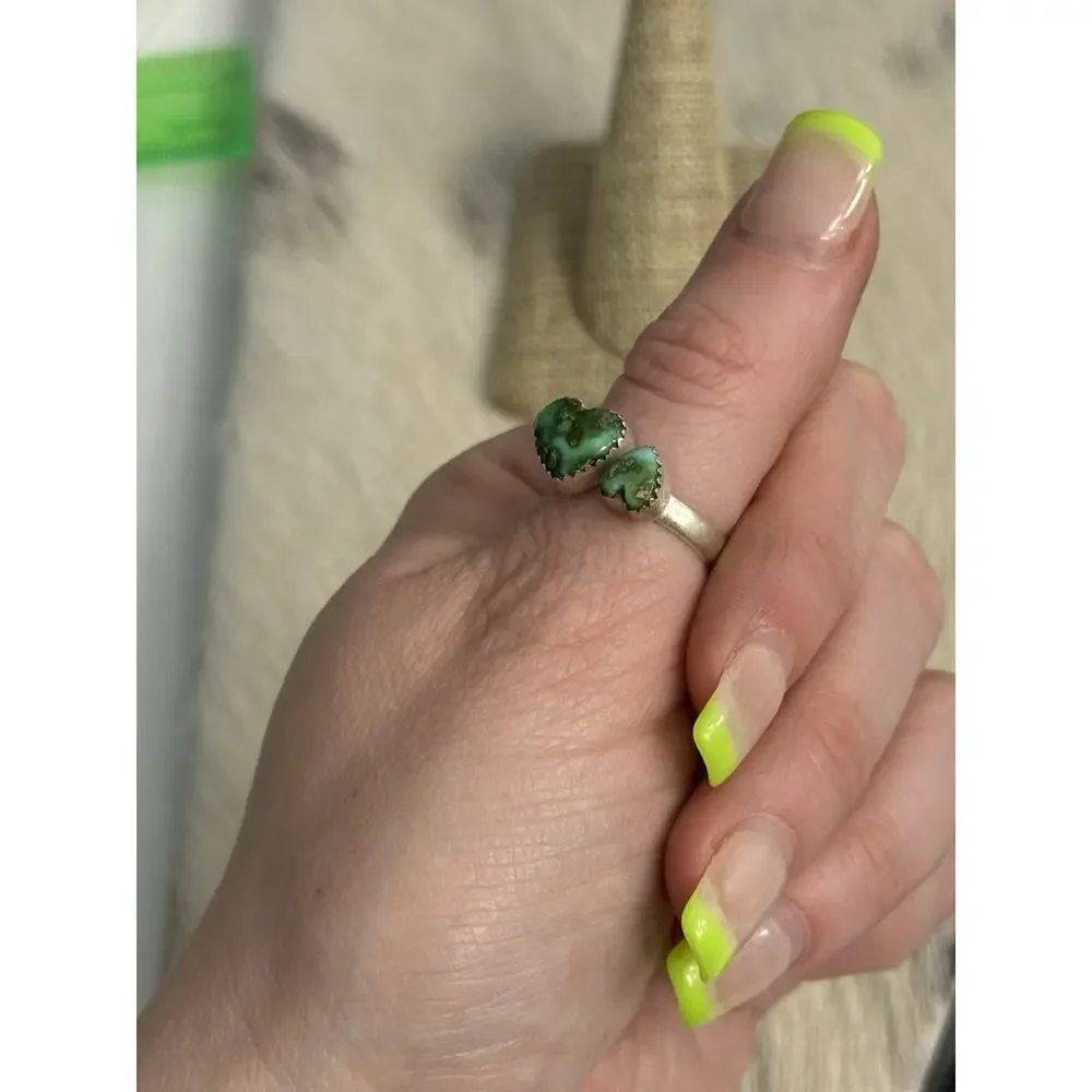 Sterling Silver Double Stone Sonoran Gold Green Hearts Turquoise Adjustable Ring